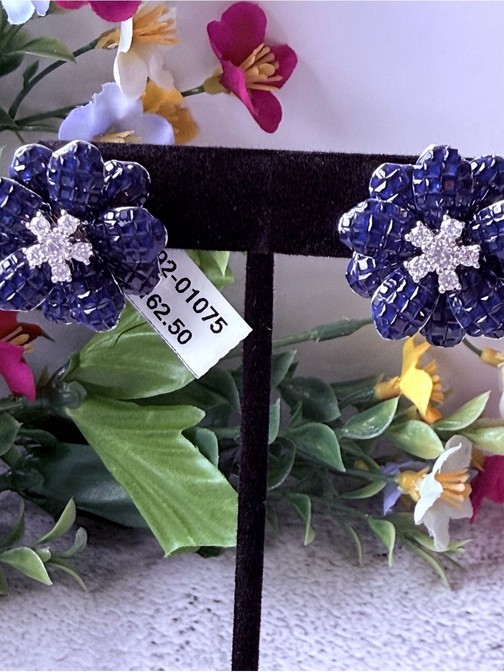 Elegant Blue Floral cz pierced earrings